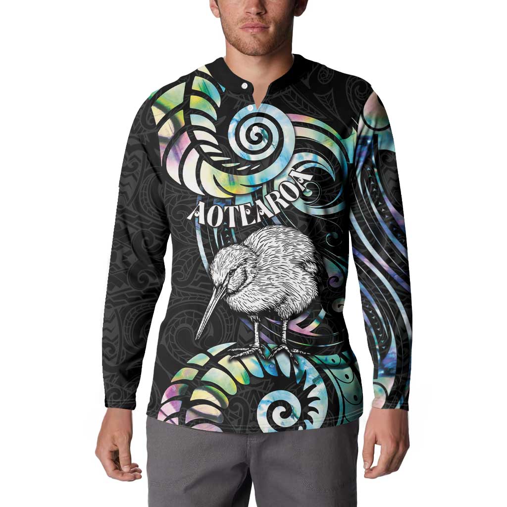 New Zealand Kiwi Bird Button Sweatshirt Silver Fern Koru Paua Shell