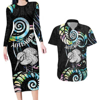 New Zealand Kiwi Bird Couples Matching Long Sleeve Bodycon Dress and Hawaiian Shirt Silver Fern Koru Paua Shell DT04 Black - Polynesian Pride