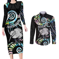 New Zealand Kiwi Bird Couples Matching Long Sleeve Bodycon Dress and Long Sleeve Button Shirt Silver Fern Koru Paua Shell DT04 Black - Polynesian Pride