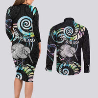 New Zealand Kiwi Bird Couples Matching Long Sleeve Bodycon Dress and Long Sleeve Button Shirt Silver Fern Koru Paua Shell DT04 - Polynesian Pride