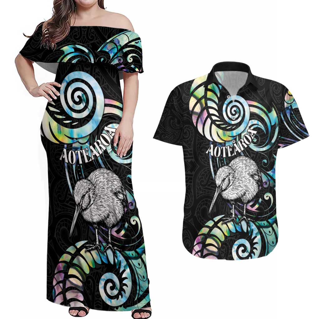 New Zealand Kiwi Bird Couples Matching Off Shoulder Maxi Dress and Hawaiian Shirt Silver Fern Koru Paua Shell DT04 Black - Polynesian Pride