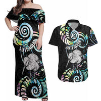 New Zealand Kiwi Bird Couples Matching Off Shoulder Maxi Dress and Hawaiian Shirt Silver Fern Koru Paua Shell DT04 Black - Polynesian Pride