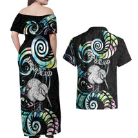 New Zealand Kiwi Bird Couples Matching Off Shoulder Maxi Dress and Hawaiian Shirt Silver Fern Koru Paua Shell DT04 - Polynesian Pride