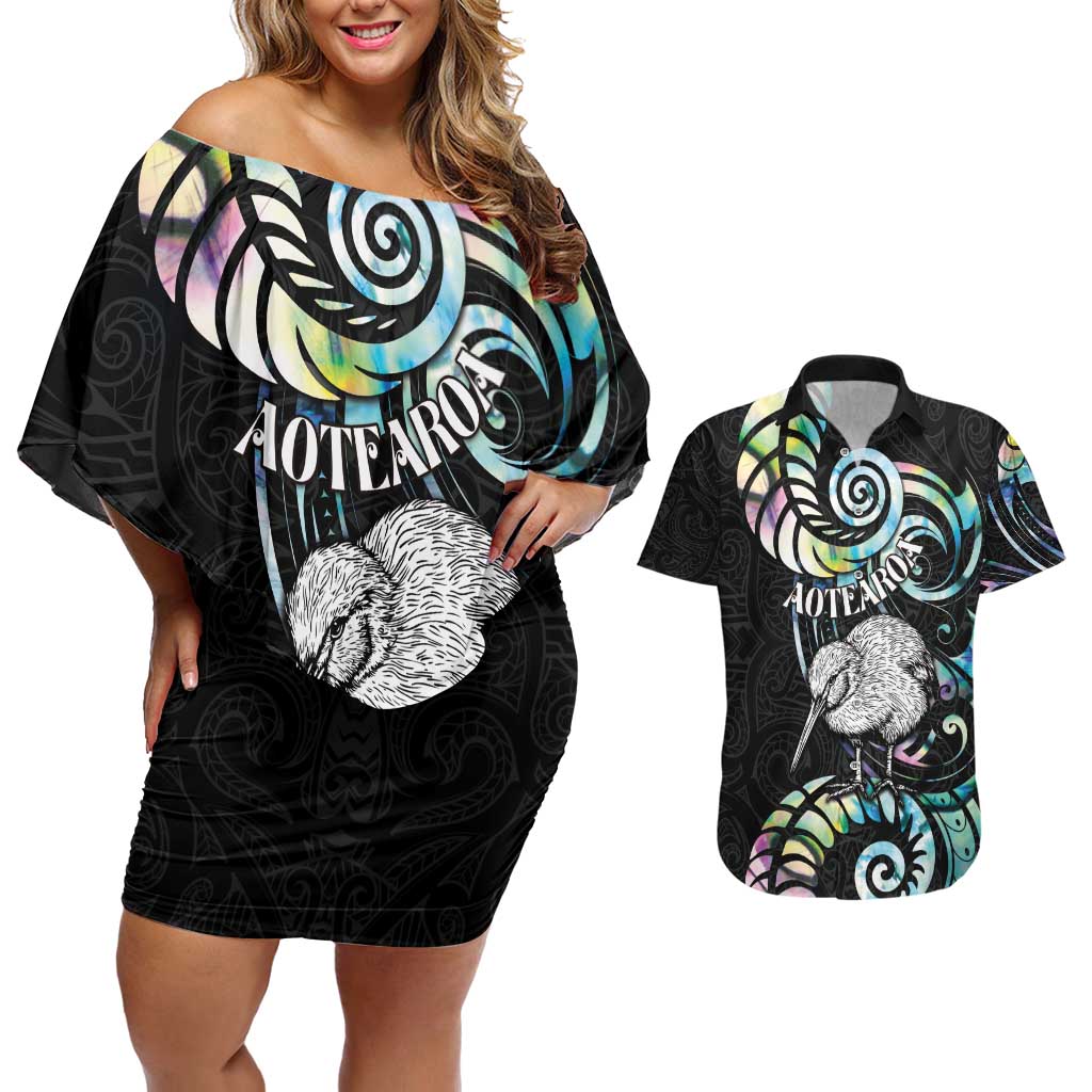 New Zealand Kiwi Bird Couples Matching Off Shoulder Short Dress and Hawaiian Shirt Silver Fern Koru Paua Shell DT04 Black - Polynesian Pride