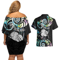 New Zealand Kiwi Bird Couples Matching Off Shoulder Short Dress and Hawaiian Shirt Silver Fern Koru Paua Shell DT04 - Polynesian Pride