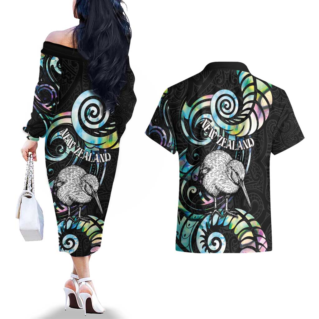 New Zealand Kiwi Bird Couples Matching Off The Shoulder Long Sleeve Dress and Hawaiian Shirt Silver Fern Koru Paua Shell DT04 - Polynesian Pride
