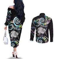 New Zealand Kiwi Bird Couples Matching Off The Shoulder Long Sleeve Dress and Long Sleeve Button Shirt Silver Fern Koru Paua Shell DT04 - Polynesian Pride