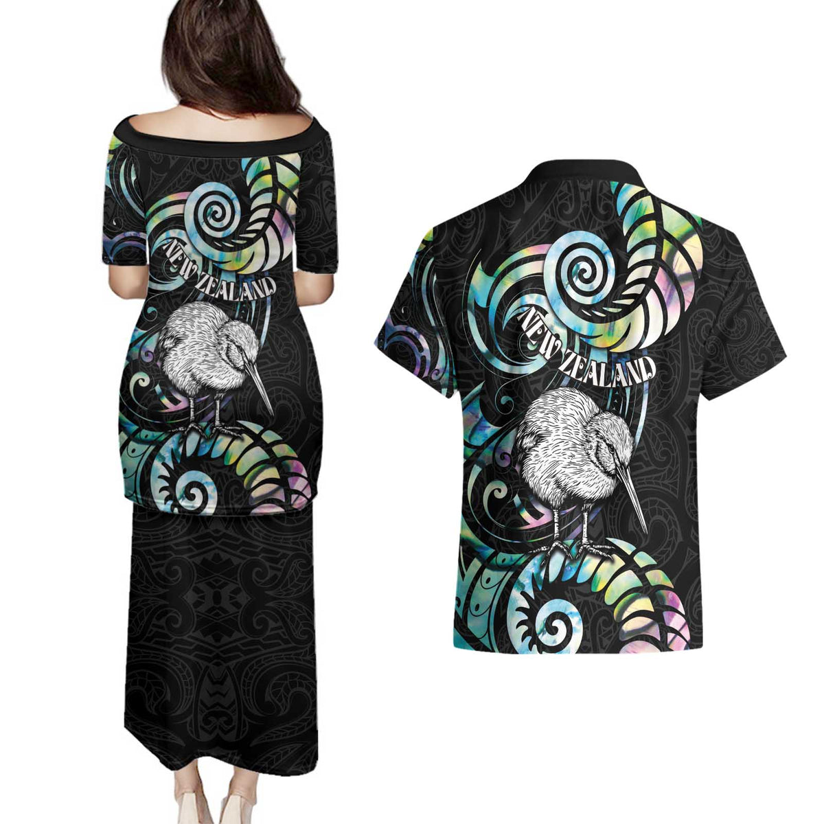 New Zealand Kiwi Bird Couples Matching Puletasi and Hawaiian Shirt Silver Fern Koru Paua Shell