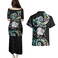 New Zealand Kiwi Bird Couples Matching Puletasi and Hawaiian Shirt Silver Fern Koru Paua Shell