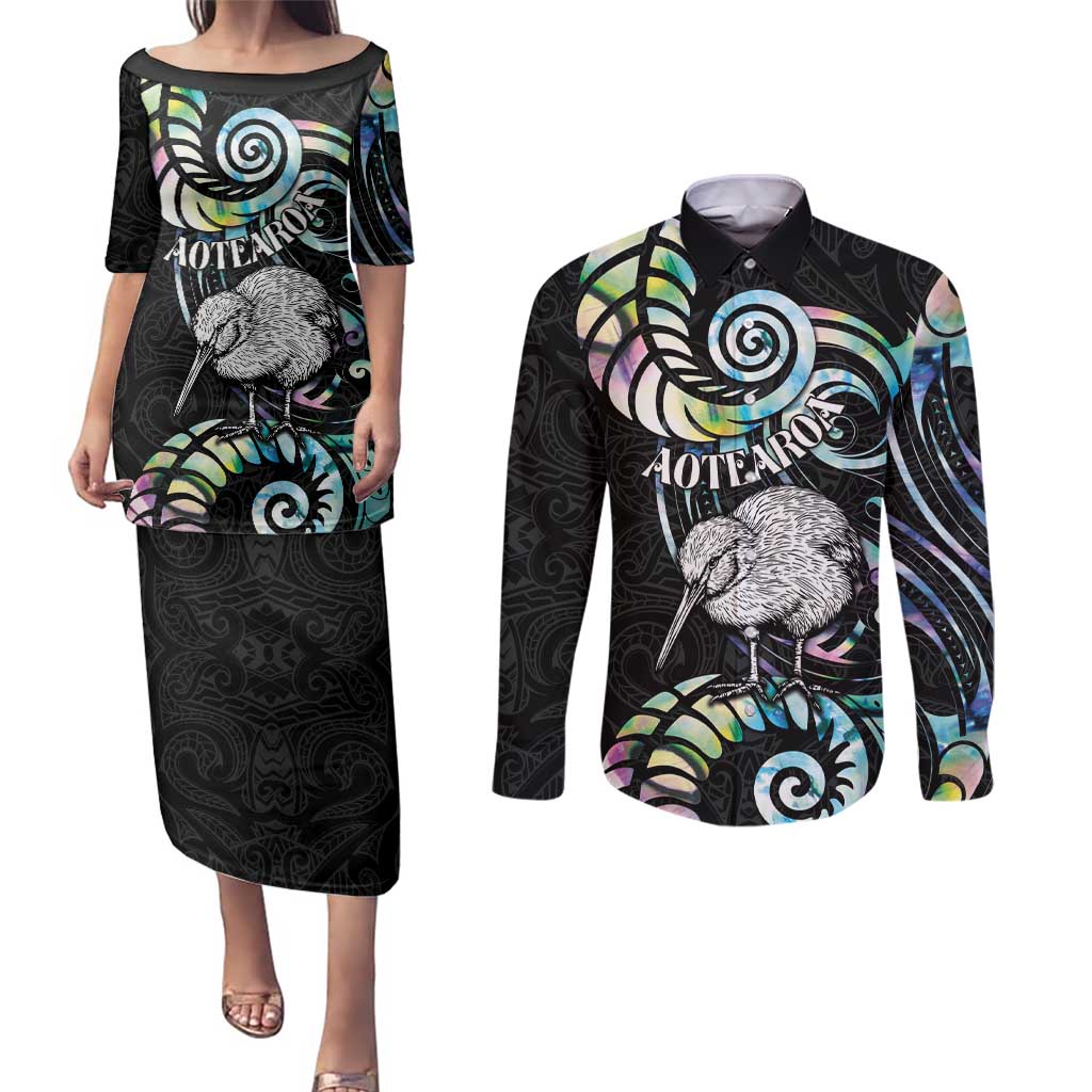 New Zealand Kiwi Bird Couples Matching Puletasi and Long Sleeve Button Shirt Silver Fern Koru Paua Shell