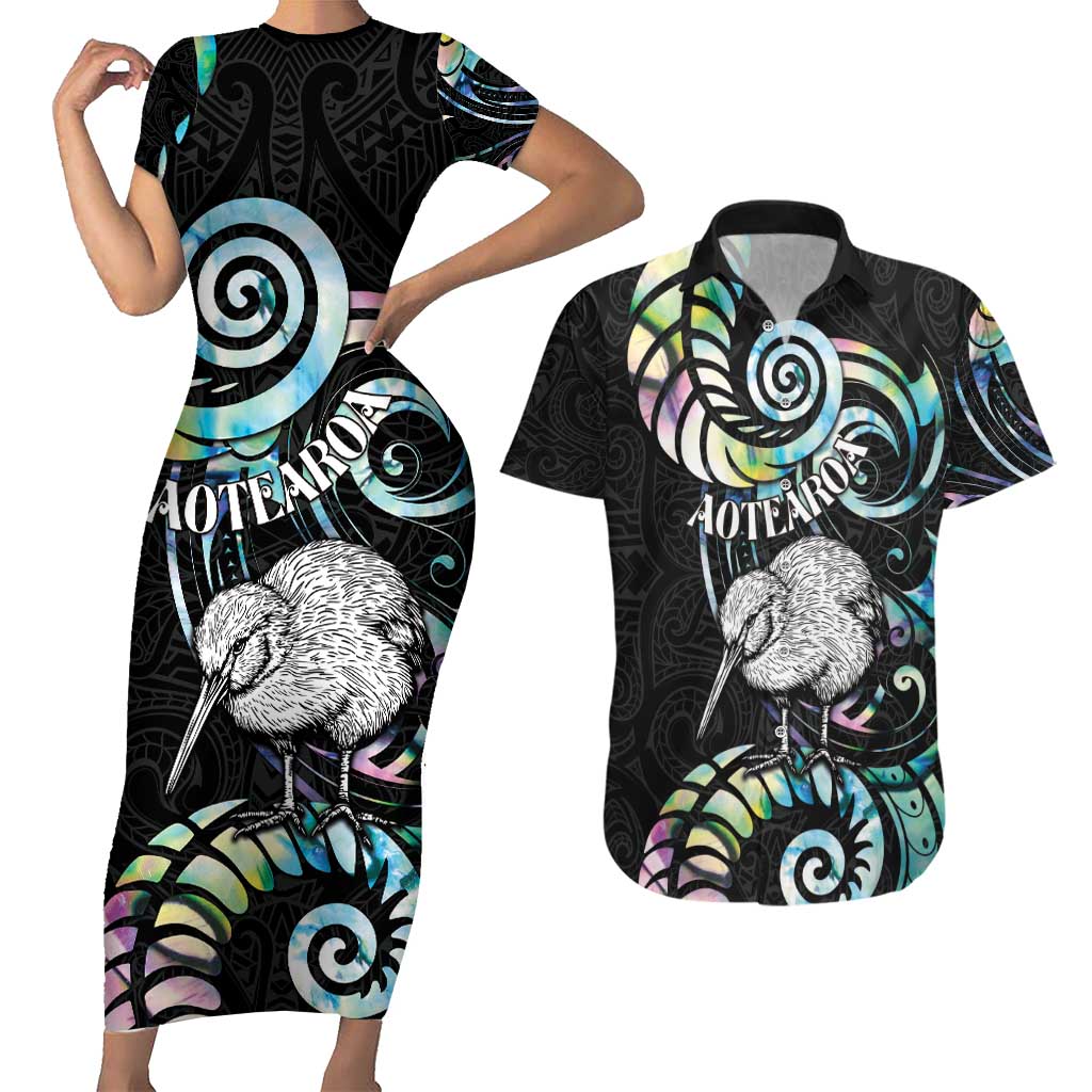New Zealand Kiwi Bird Couples Matching Short Sleeve Bodycon Dress and Hawaiian Shirt Silver Fern Koru Paua Shell DT04 Black - Polynesian Pride