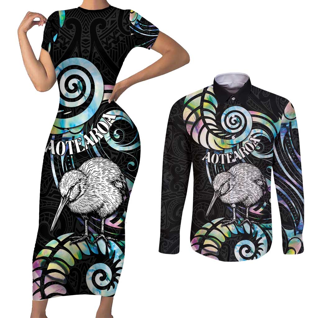 New Zealand Kiwi Bird Couples Matching Short Sleeve Bodycon Dress and Long Sleeve Button Shirt Silver Fern Koru Paua Shell DT04 Black - Polynesian Pride