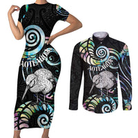 New Zealand Kiwi Bird Couples Matching Short Sleeve Bodycon Dress and Long Sleeve Button Shirt Silver Fern Koru Paua Shell DT04 Black - Polynesian Pride