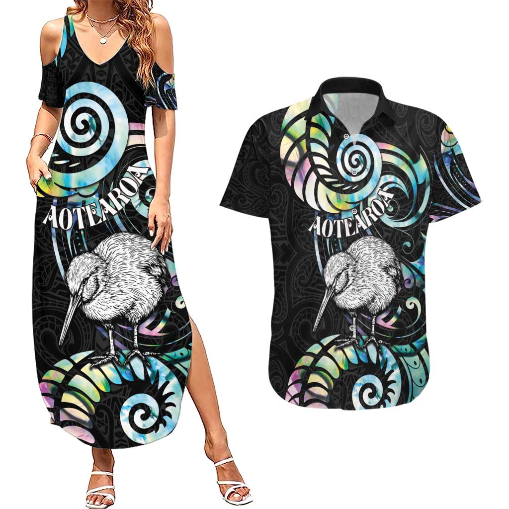 New Zealand Kiwi Bird Couples Matching Summer Maxi Dress and Hawaiian Shirt Silver Fern Koru Paua Shell DT04 Black - Polynesian Pride