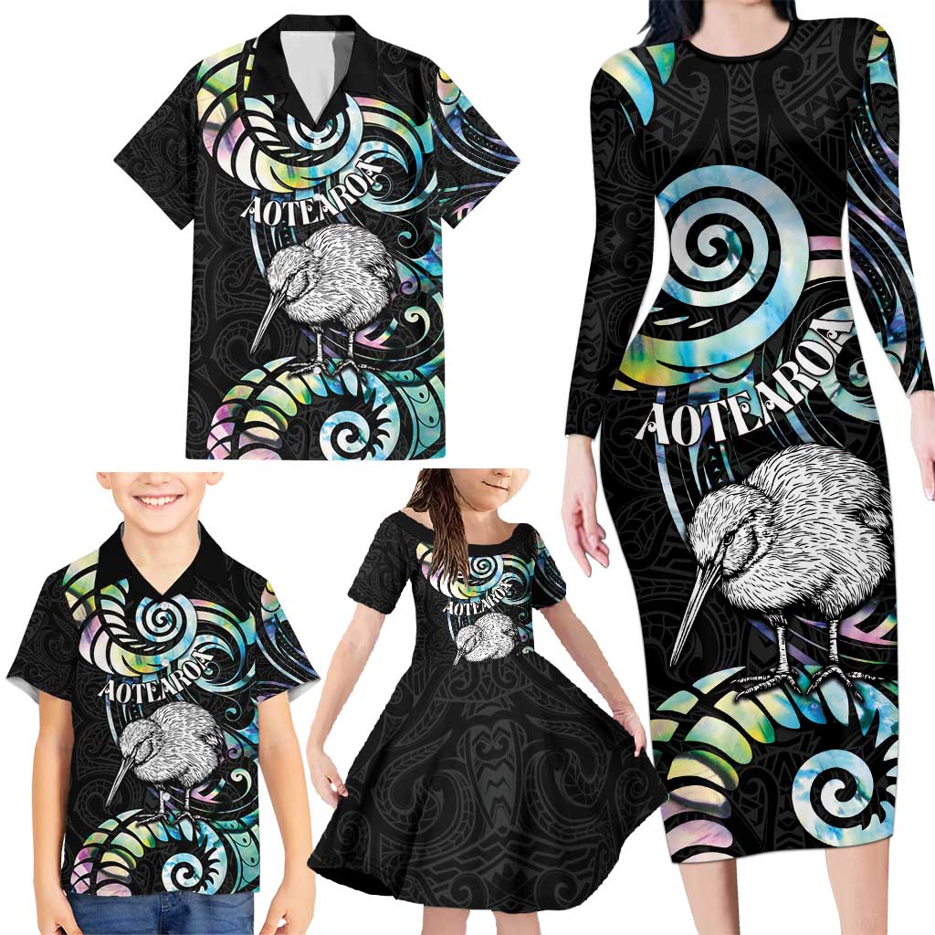 New Zealand Kiwi Bird Family Matching Long Sleeve Bodycon Dress and Hawaiian Shirt Silver Fern Koru Paua Shell DT04 - Polynesian Pride