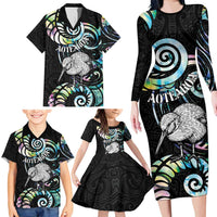 New Zealand Kiwi Bird Family Matching Long Sleeve Bodycon Dress and Hawaiian Shirt Silver Fern Koru Paua Shell DT04 - Polynesian Pride