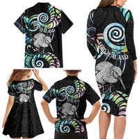 New Zealand Kiwi Bird Family Matching Long Sleeve Bodycon Dress and Hawaiian Shirt Silver Fern Koru Paua Shell DT04 - Polynesian Pride