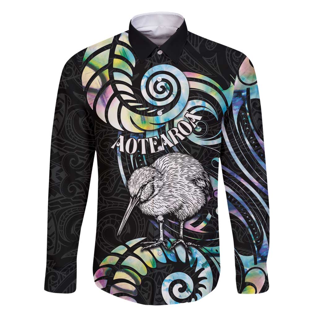 New Zealand Kiwi Bird Family Matching Long Sleeve Bodycon Dress and Hawaiian Shirt Silver Fern Koru Paua Shell DT04 Dad's Shirt - Long Sleeve Black - Polynesian Pride