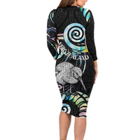 New Zealand Kiwi Bird Family Matching Long Sleeve Bodycon Dress and Hawaiian Shirt Silver Fern Koru Paua Shell DT04 - Polynesian Pride