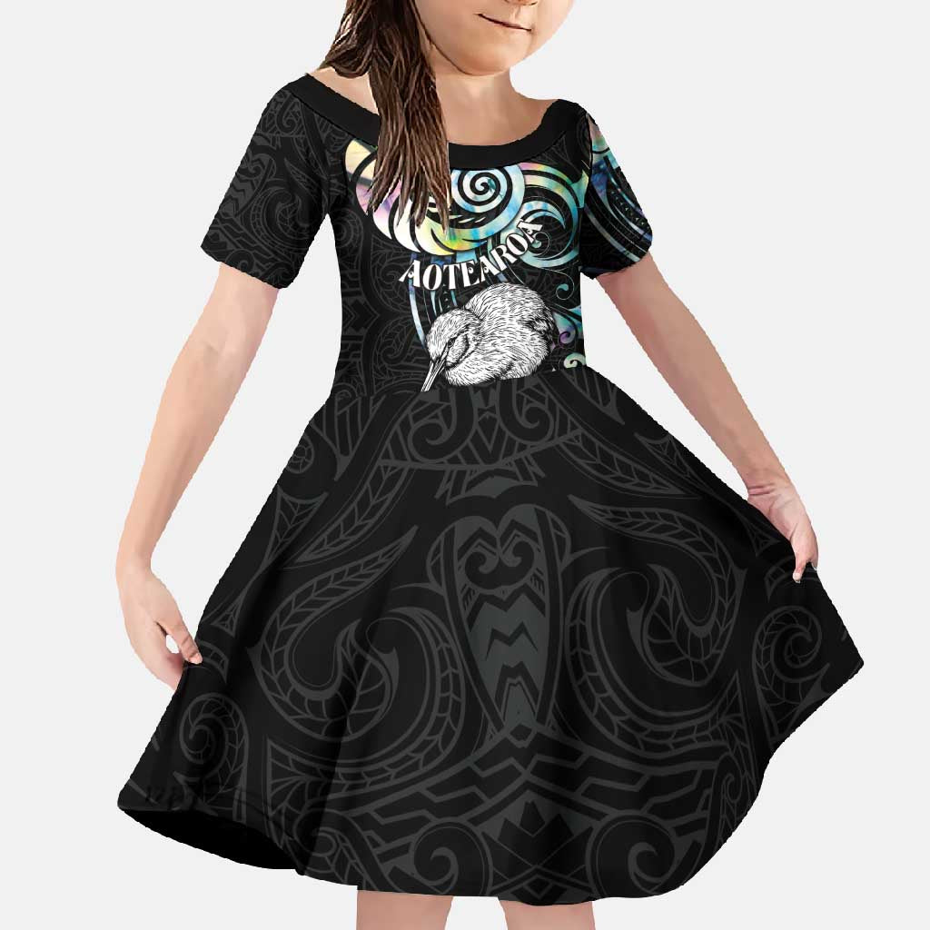New Zealand Kiwi Bird Family Matching Mermaid Dress and Hawaiian Shirt Silver Fern Koru Paua Shell DT04 Daughter's Dress Black - Polynesian Pride