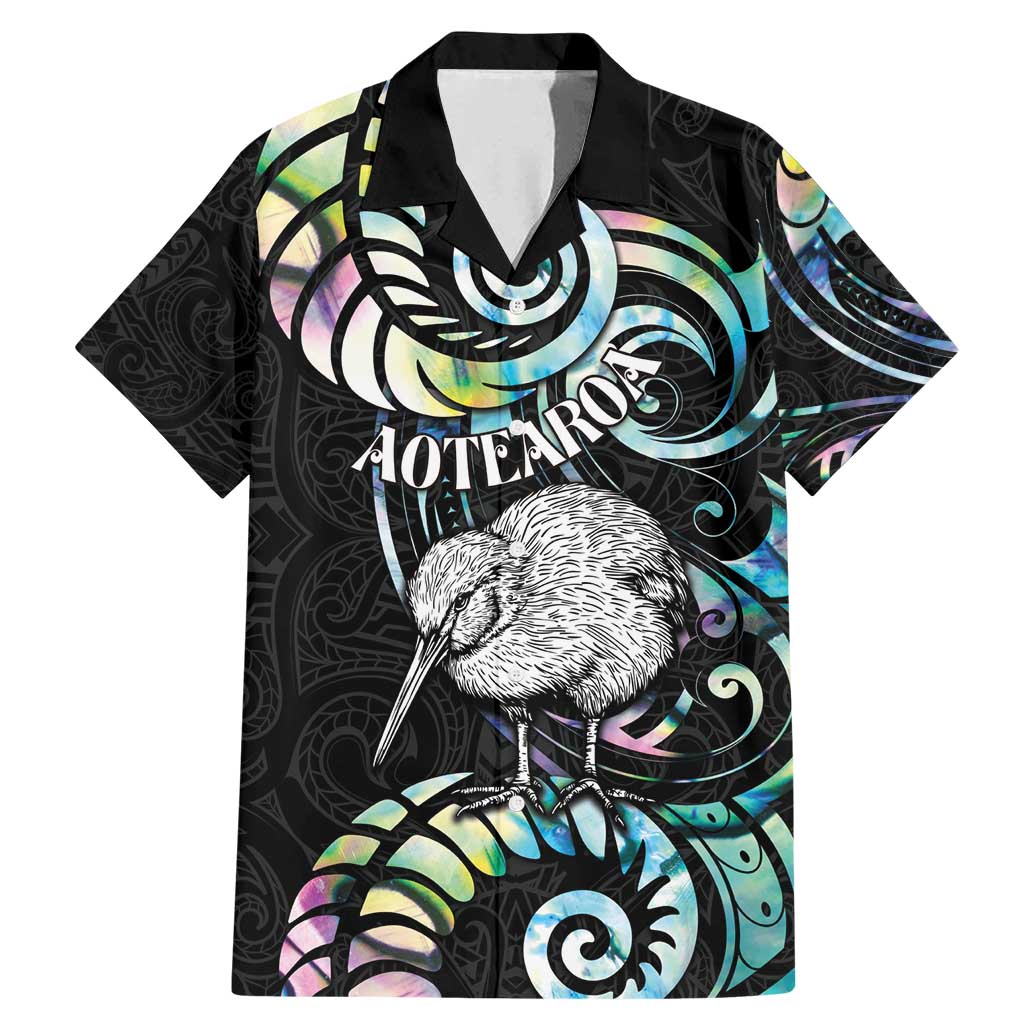 New Zealand Kiwi Bird Family Matching Mermaid Dress and Hawaiian Shirt Silver Fern Koru Paua Shell DT04 Dad's Shirt - Short Sleeve Black - Polynesian Pride