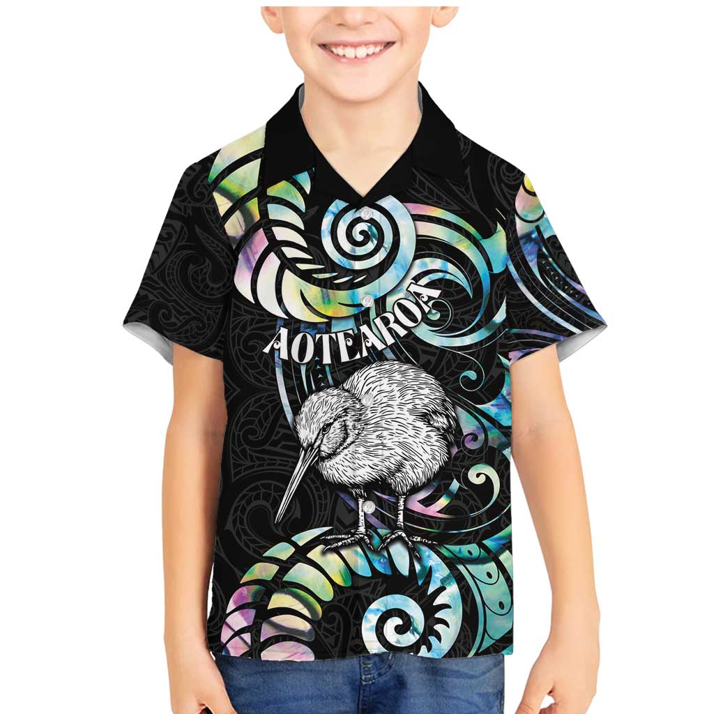 New Zealand Kiwi Bird Family Matching Mermaid Dress and Hawaiian Shirt Silver Fern Koru Paua Shell DT04 Son's Shirt Black - Polynesian Pride