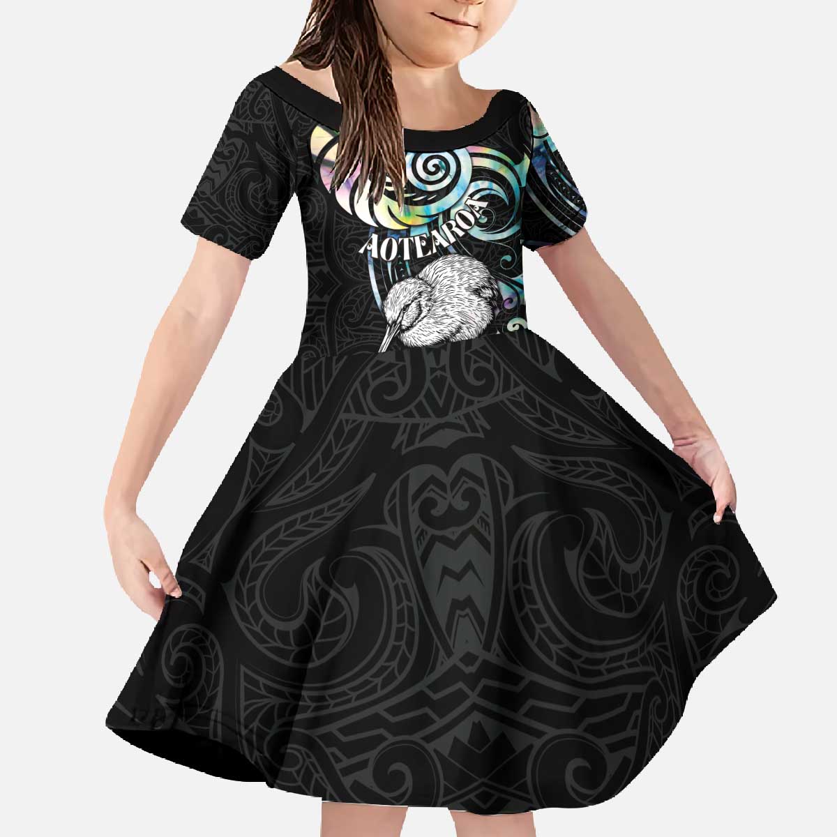 New Zealand Kiwi Bird Family Matching Off The Shoulder Long Sleeve Dress and Hawaiian Shirt Silver Fern Koru Paua Shell DT04 Daughter's Dress Black - Polynesian Pride
