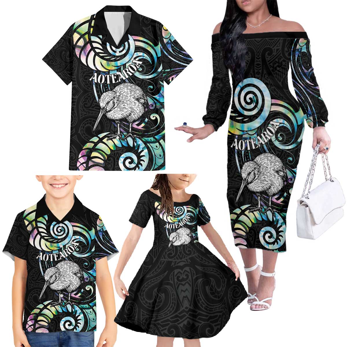 New Zealand Kiwi Bird Family Matching Off The Shoulder Long Sleeve Dress and Hawaiian Shirt Silver Fern Koru Paua Shell DT04 - Polynesian Pride