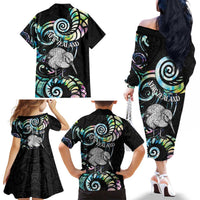 New Zealand Kiwi Bird Family Matching Off The Shoulder Long Sleeve Dress and Hawaiian Shirt Silver Fern Koru Paua Shell DT04 - Polynesian Pride