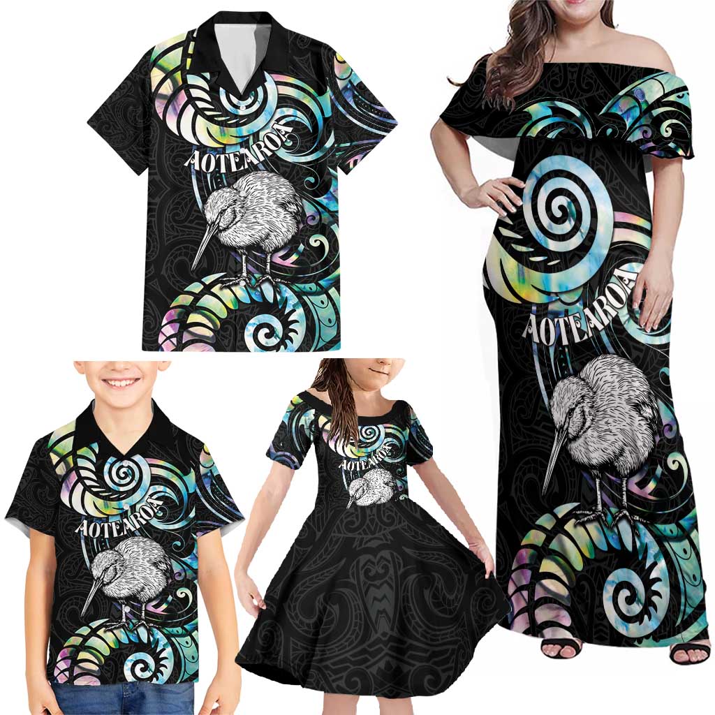New Zealand Kiwi Bird Family Matching Off Shoulder Maxi Dress and Hawaiian Shirt Silver Fern Koru Paua Shell DT04 - Polynesian Pride