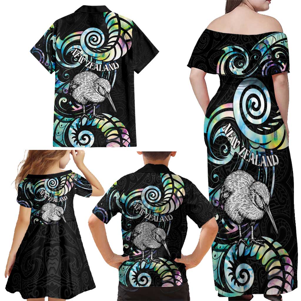 New Zealand Kiwi Bird Family Matching Off Shoulder Maxi Dress and Hawaiian Shirt Silver Fern Koru Paua Shell DT04 - Polynesian Pride