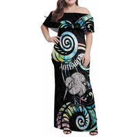 New Zealand Kiwi Bird Family Matching Off Shoulder Maxi Dress and Hawaiian Shirt Silver Fern Koru Paua Shell DT04 Mom's Dress Black - Polynesian Pride