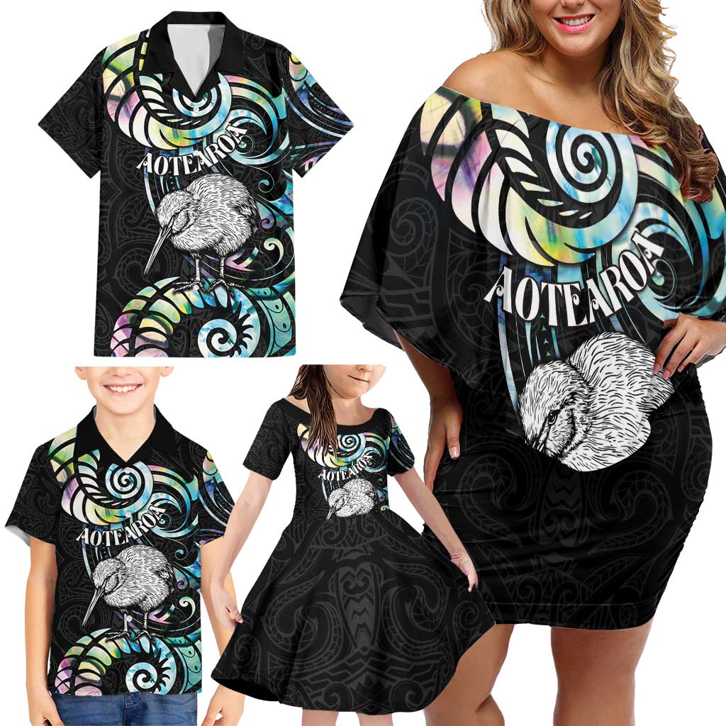 New Zealand Kiwi Bird Family Matching Off Shoulder Short Dress and Hawaiian Shirt Silver Fern Koru Paua Shell DT04 - Polynesian Pride