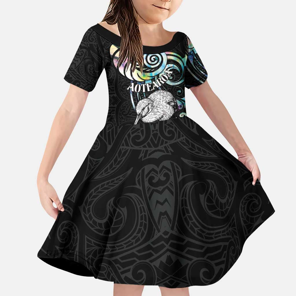 New Zealand Kiwi Bird Family Matching Puletasi and Hawaiian Shirt Silver Fern Koru Paua Shell DT04 Daughter's Dress Black - Polynesian Pride