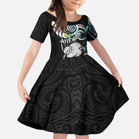 New Zealand Kiwi Bird Family Matching Puletasi and Hawaiian Shirt Silver Fern Koru Paua Shell DT04 Daughter's Dress Black - Polynesian Pride