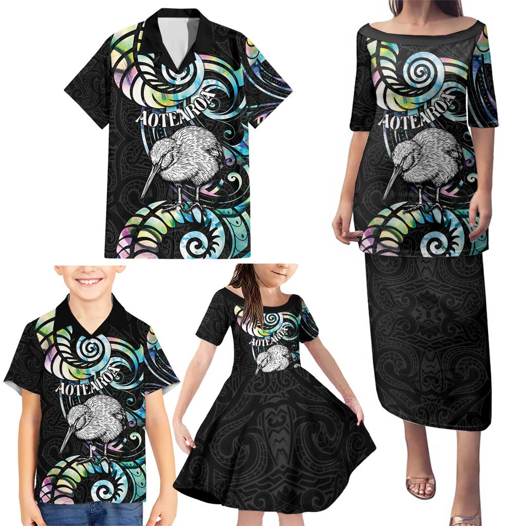 New Zealand Kiwi Bird Family Matching Puletasi and Hawaiian Shirt Silver Fern Koru Paua Shell