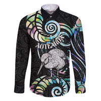 New Zealand Kiwi Bird Family Matching Puletasi and Hawaiian Shirt Silver Fern Koru Paua Shell DT04 Dad's Shirt - Long Sleeve Black - Polynesian Pride