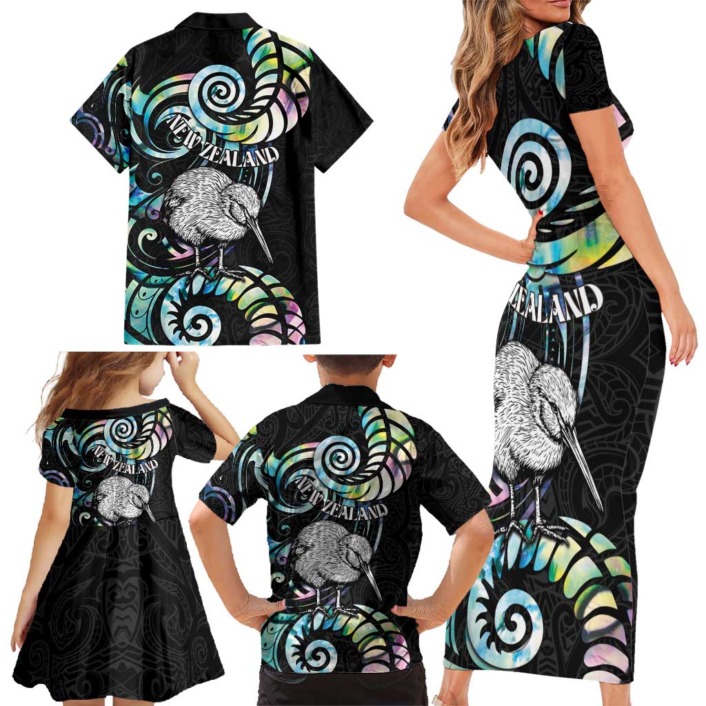 New Zealand Kiwi Bird Family Matching Short Sleeve Bodycon Dress and Hawaiian Shirt Silver Fern Koru Paua Shell DT04 - Polynesian Pride
