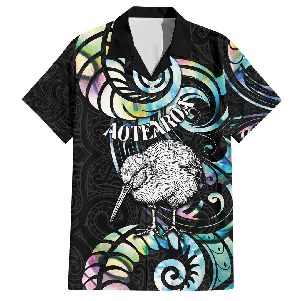 New Zealand Kiwi Bird Family Matching Short Sleeve Bodycon Dress and Hawaiian Shirt Silver Fern Koru Paua Shell DT04 Dad's Shirt - Short Sleeve Black - Polynesian Pride