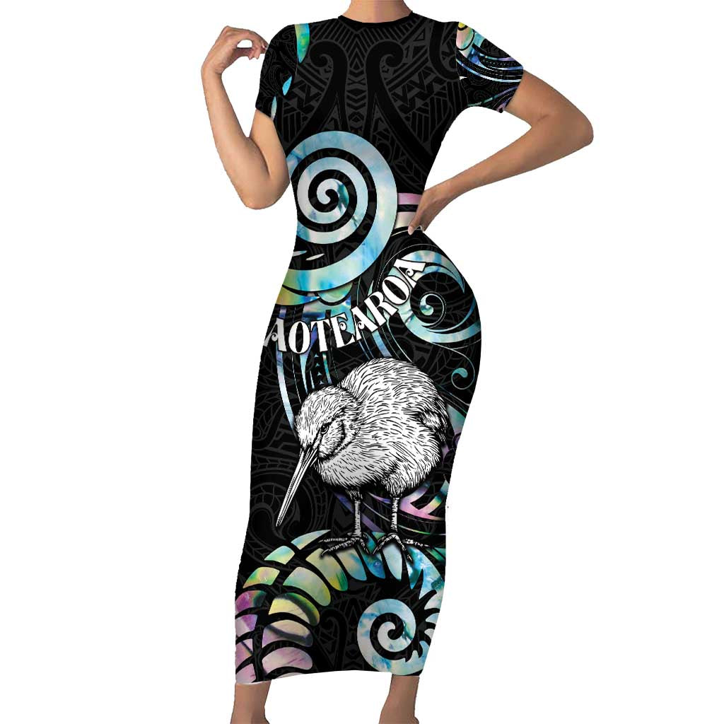 New Zealand Kiwi Bird Family Matching Short Sleeve Bodycon Dress and Hawaiian Shirt Silver Fern Koru Paua Shell DT04 Mom's Dress Black - Polynesian Pride