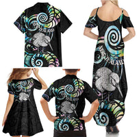 New Zealand Kiwi Bird Family Matching Summer Maxi Dress and Hawaiian Shirt Silver Fern Koru Paua Shell DT04 - Polynesian Pride