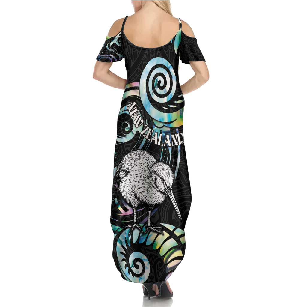 New Zealand Kiwi Bird Family Matching Summer Maxi Dress and Hawaiian Shirt Silver Fern Koru Paua Shell DT04 - Polynesian Pride