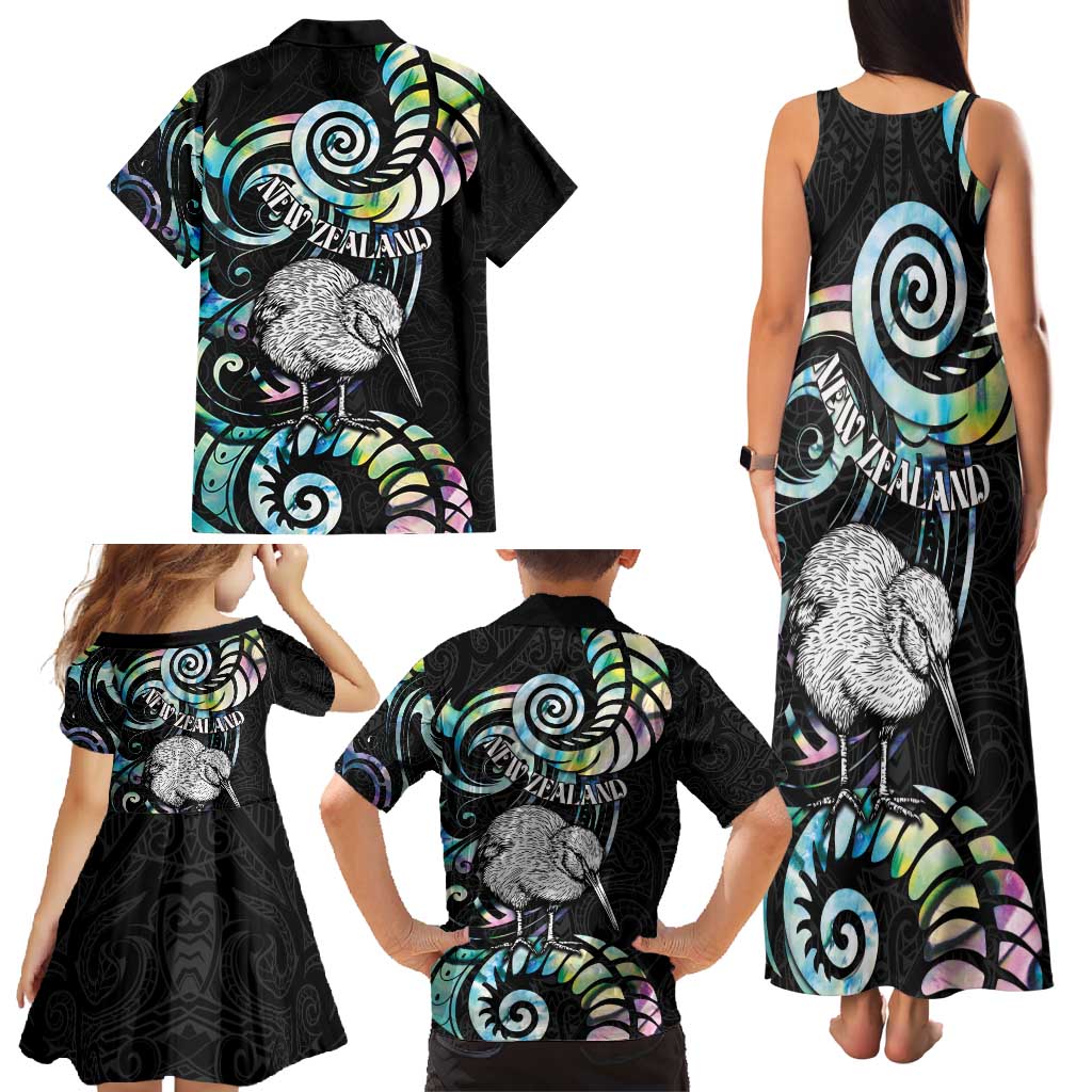 New Zealand Kiwi Bird Family Matching Tank Maxi Dress and Hawaiian Shirt Silver Fern Koru Paua Shell DT04 - Polynesian Pride