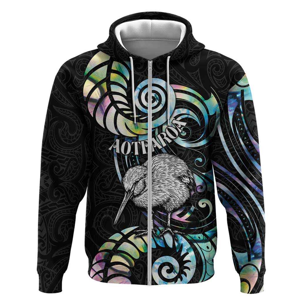 New Zealand Kiwi Bird Hoodie Silver Fern Koru Paua Shell