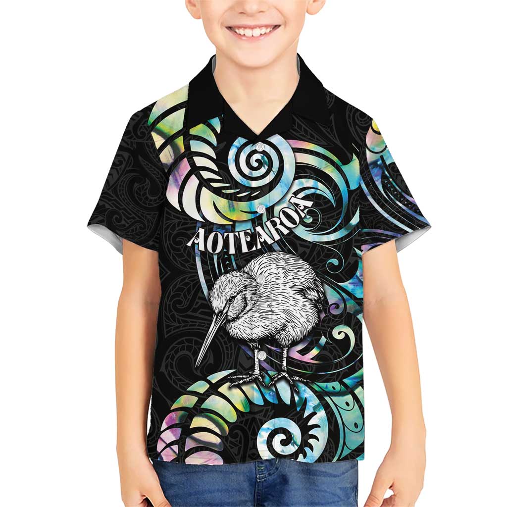 New Zealand Kiwi Bird Kid Hawaiian Shirt Silver Fern Koru Paua Shell