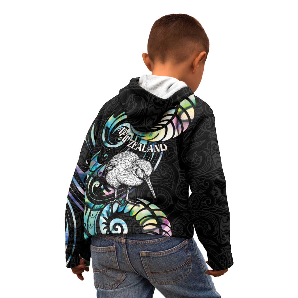 New Zealand Kiwi Bird Kid Hoodie Silver Fern Koru Paua Shell