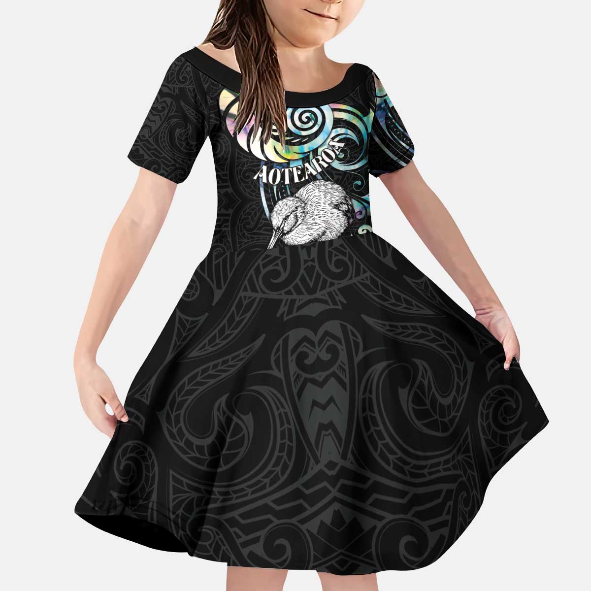 New Zealand Kiwi Bird Kid Short Sleeve Dress Silver Fern Koru Paua Shell