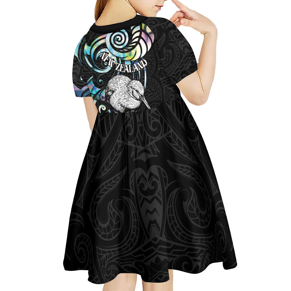 New Zealand Kiwi Bird Kid Short Sleeve Dress Silver Fern Koru Paua Shell