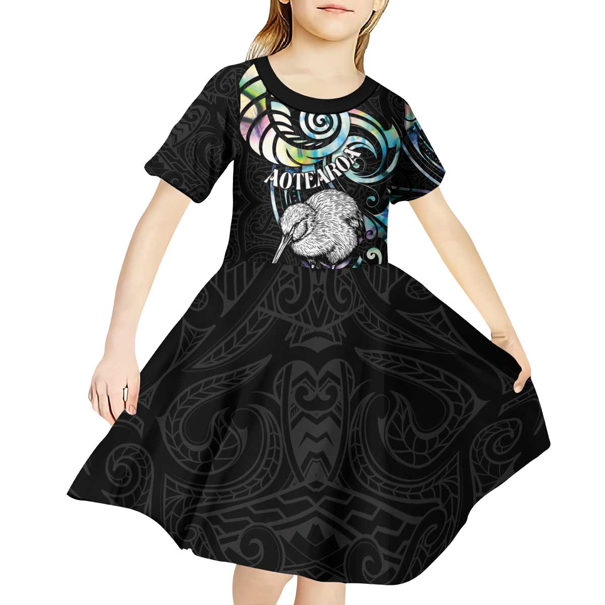 New Zealand Kiwi Bird Kid Short Sleeve Dress Silver Fern Koru Paua Shell