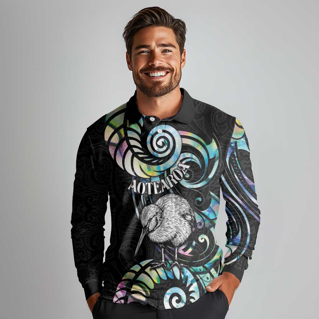 New Zealand Kiwi Bird Long Sleeve Polo Shirt Silver Fern Koru Paua Shell